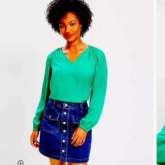 Loft Emerald Glow Shirred Raglan Long Sleeve V-neck Blouse - Picture 2 of 14